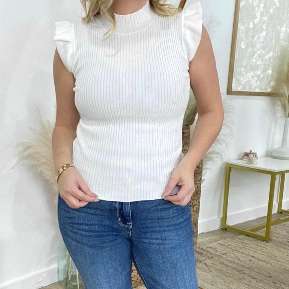 White, ribbed, mock neck, ruffle sleeve/sleeveless